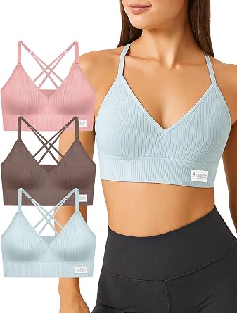 Sports Bras for Women - Ribbed Wireless Soft Workout Tops Padded Bralettes Racerback Comfort Cami Crop S-XXL