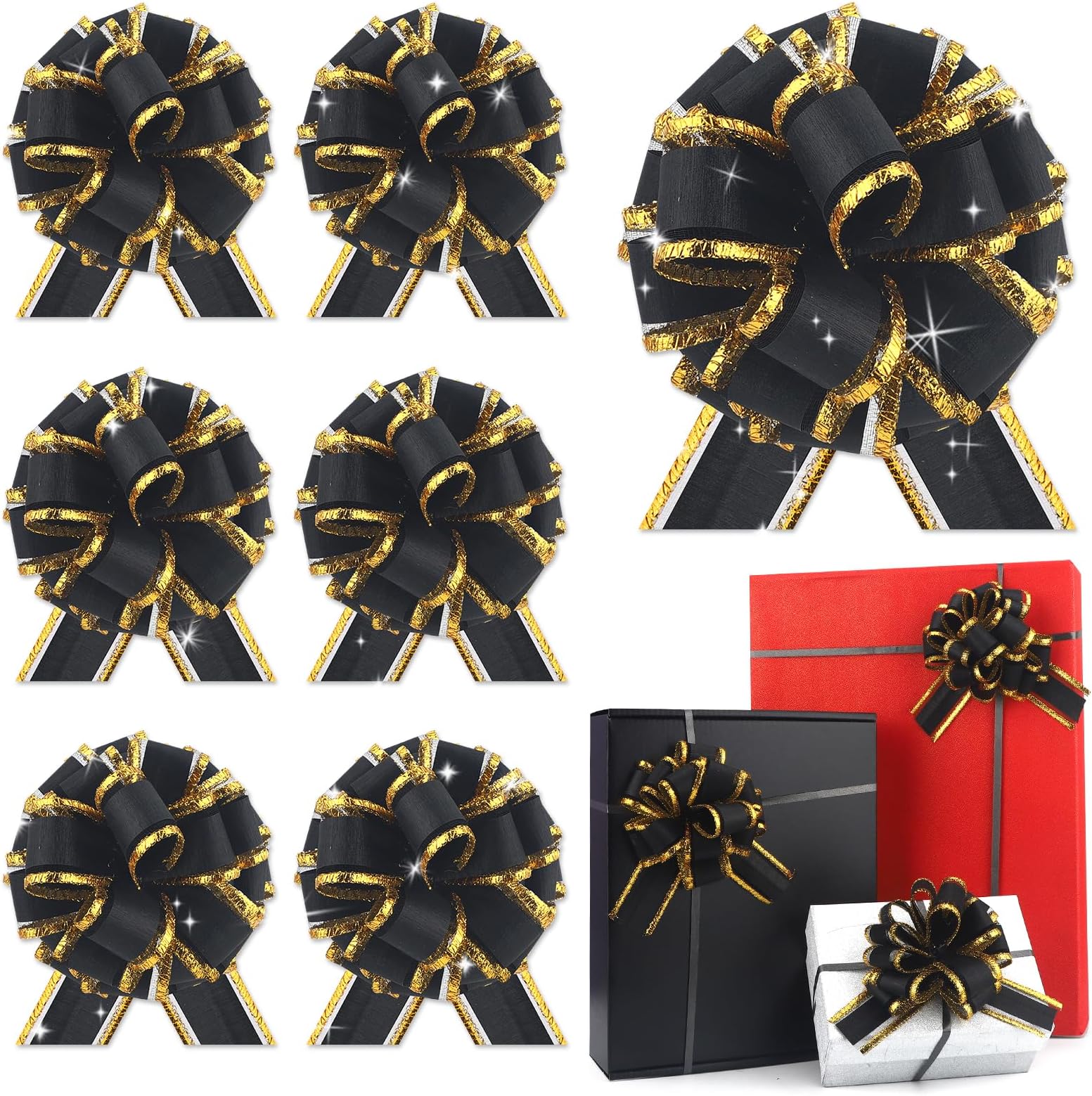 6 pcs Black Gift Bow Ribbon Pull Bows for Gift Warpping Christmas Party Birthday Wedding Metallic Gold Rim Wrap Ribbon Bow for Present Boxes Flower Valentine's Day (Black-DD)