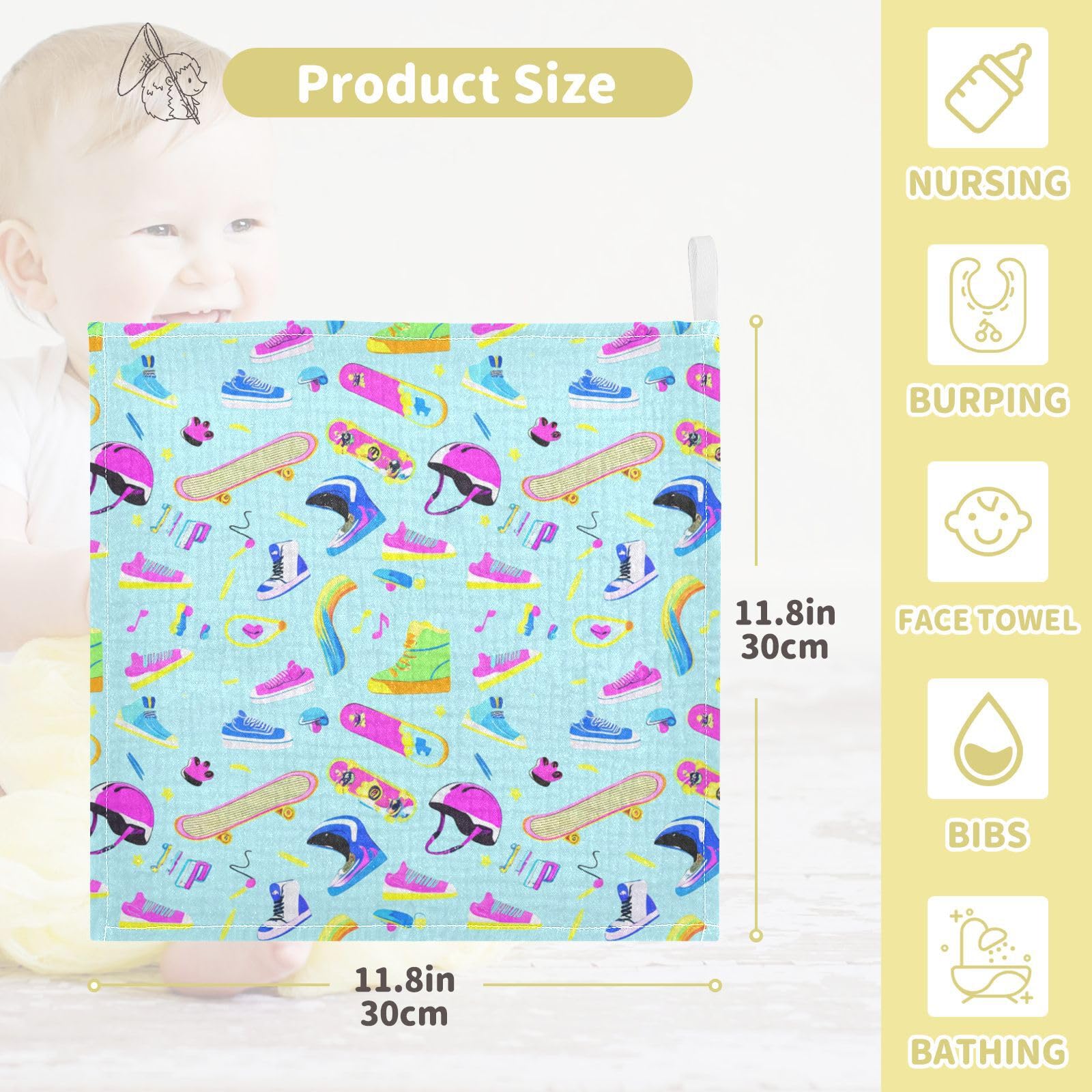 Kigai Cool Skateboarding Baby Washcloths,3pcs Ultra Soft Absorbent Towel,Newborn Bath Face Towel, Natural Reusable Baby Wipes for Sensitive Skin, Baby Registry as Shower