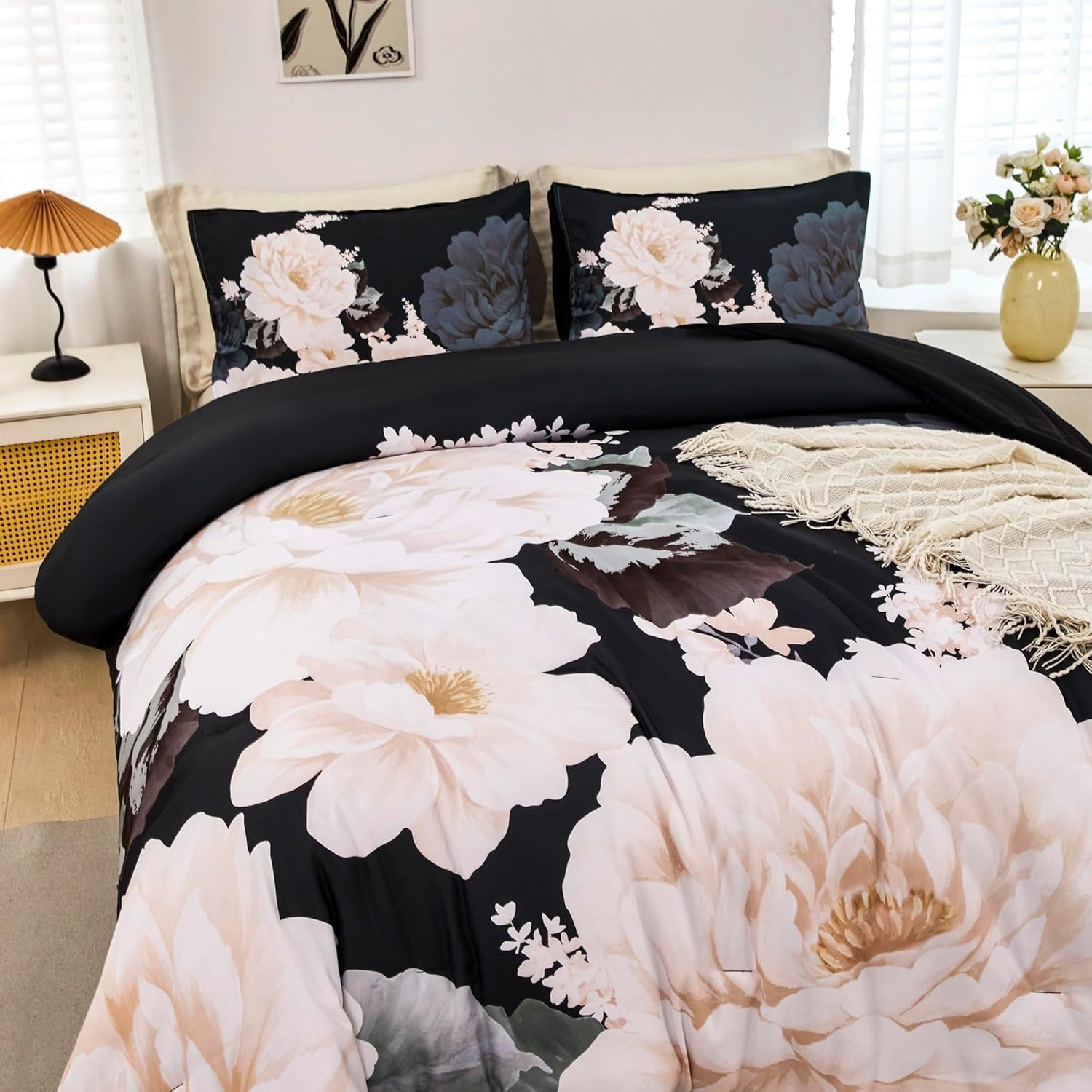 RYNGHIPY Cream Flowers Printed Comforter Set Queen Size Lightweight Soft Microfiber Bedding Set 1 Comforter 2 Pillocases (Black Beige,Queen Size) - Image 6