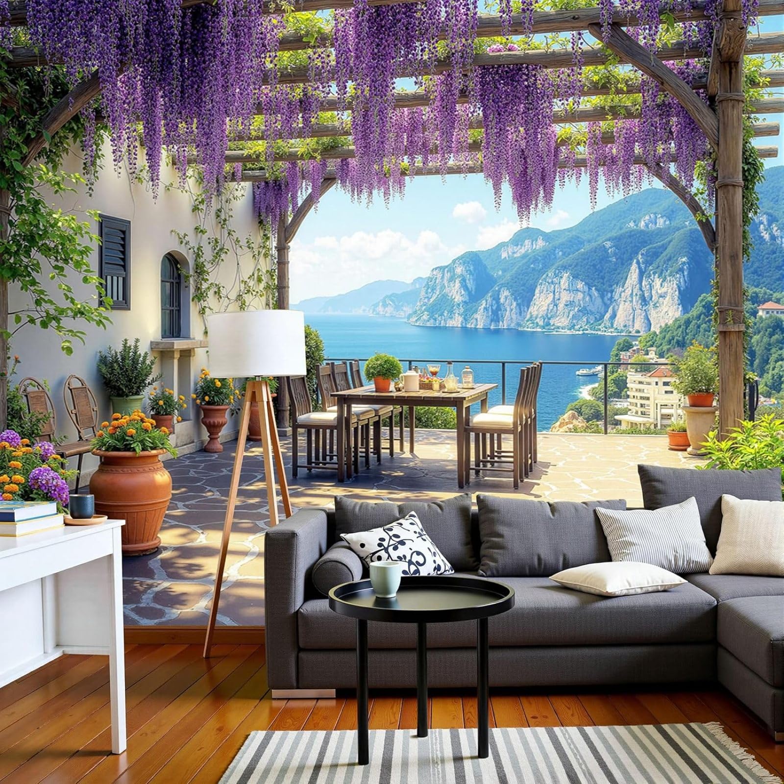 Papier peint photo glycine pour salon chaleureux effet balcon sur la mer