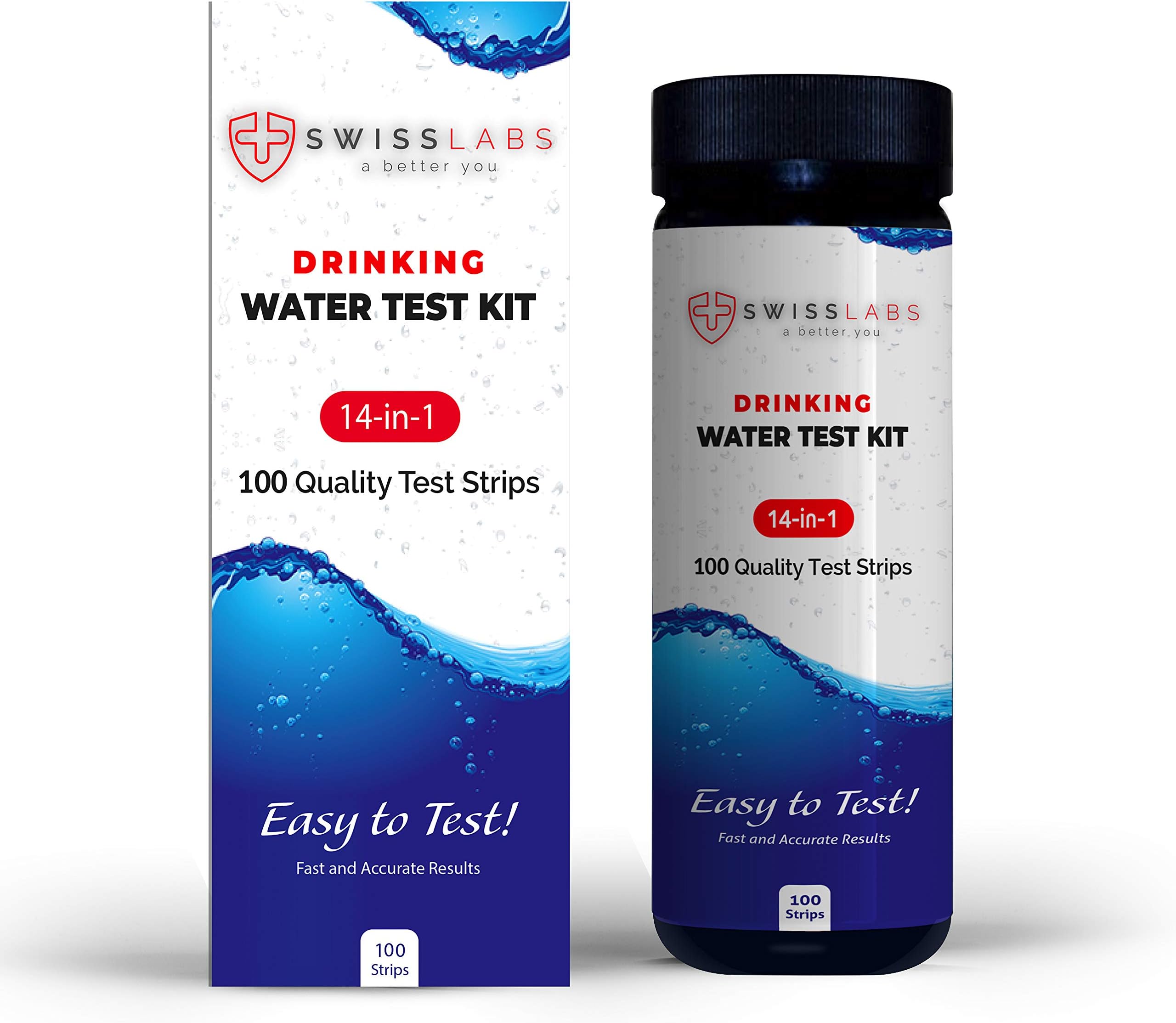 Swiss Labs 14 in 1 Drinking Water Test Kit, 100 Strips For Easy Home Testing With Accurate Results, Improved Low Detection Range For Lead, Fluoride, Mercury, Iron, Copper & More