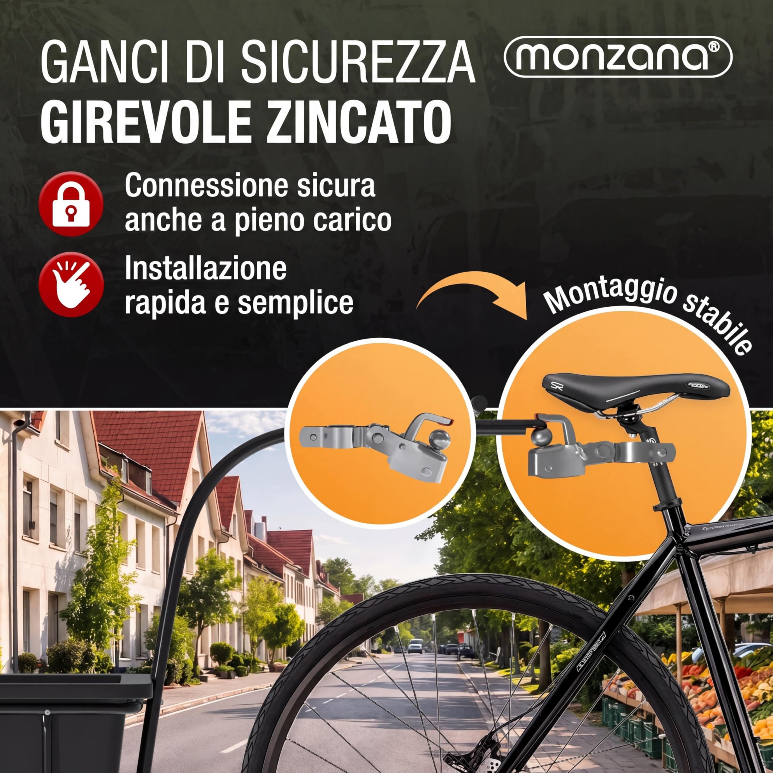 MONZANA® Rimorchio per Biciclette con Cassone in Plastica da 90L Gancio da Carico Carrello Trasporto Viaggi Bici Portaoggetti