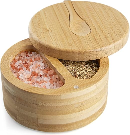 Bivvclaz Large Salt Spice Box with Swivel Lid Bamboo Salt Cellar with Lid and Spoon, 2-Compartment Salt Pepper Bowls for Salt & Spices, Salt Container Holder for Sea Salts, Dual 6 oz