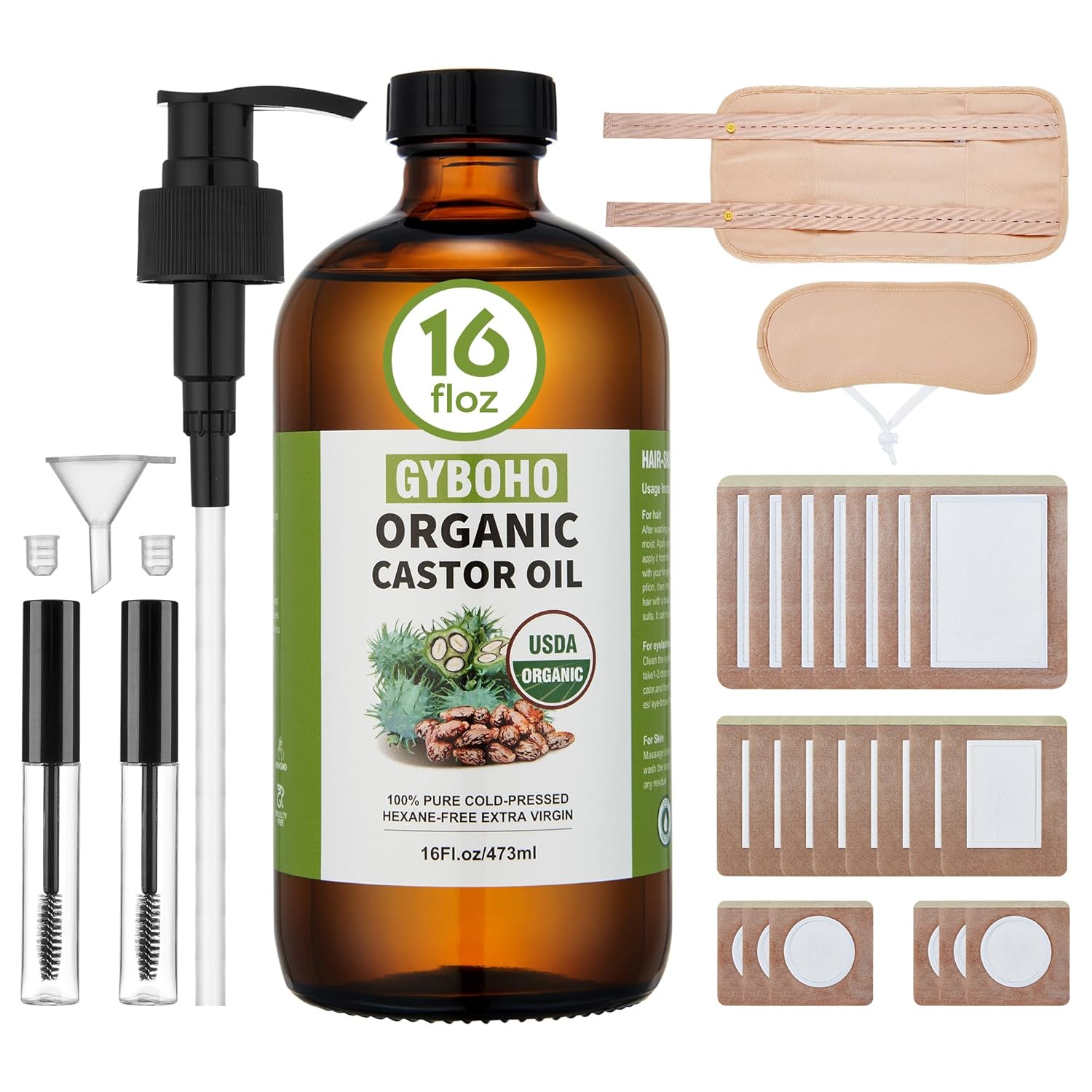 Castor Oil Pack Wrap Reusable & 16fl.oz Castor oil Organic Cold Pressed Unrefined, with Disposable Castor oil Patches, for Belly Button -Stomach-Back-Neck-Foot-knee