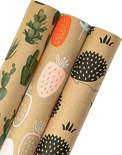 MAYPLUSS Kraft Wrapping Paper Roll - Mini Roll - 17" X 120" Per roll - Fruit/Cactus/Hedgehogs Design (42.3 sq.ft.ttl)