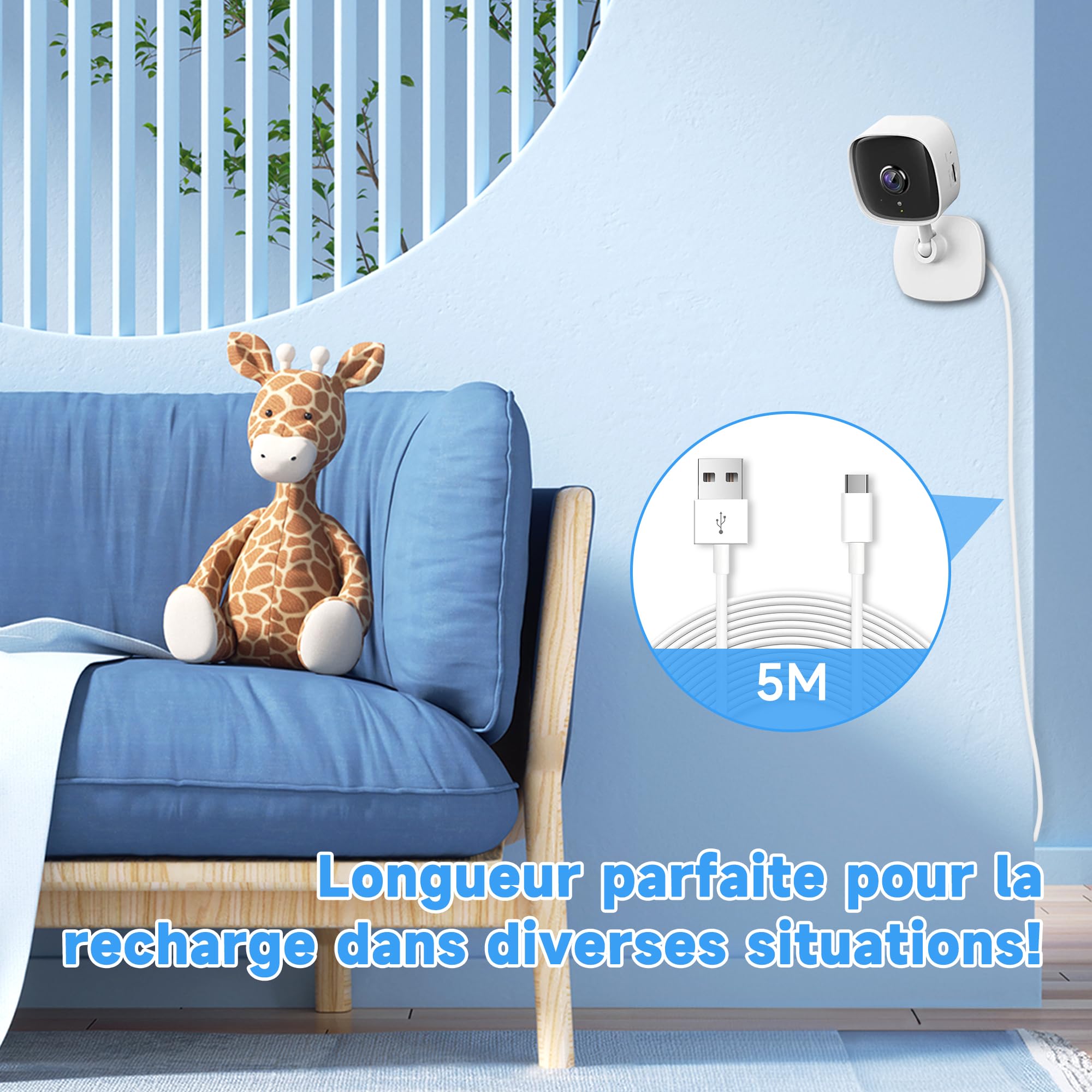 Câble d'extension d'alimentation USB-C 5M, rallonge USB A vers USB C pour caméras de sécurité