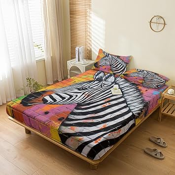 Zebra Sheets Full Sheet Set, Urban Graffiti Brick Animal Bed Sheets, Street Art Bedding Bedroom Decor, Soft Microfiber Deep Pocket Fitted Sheet & Flat Sheet & 2 Pillowcases