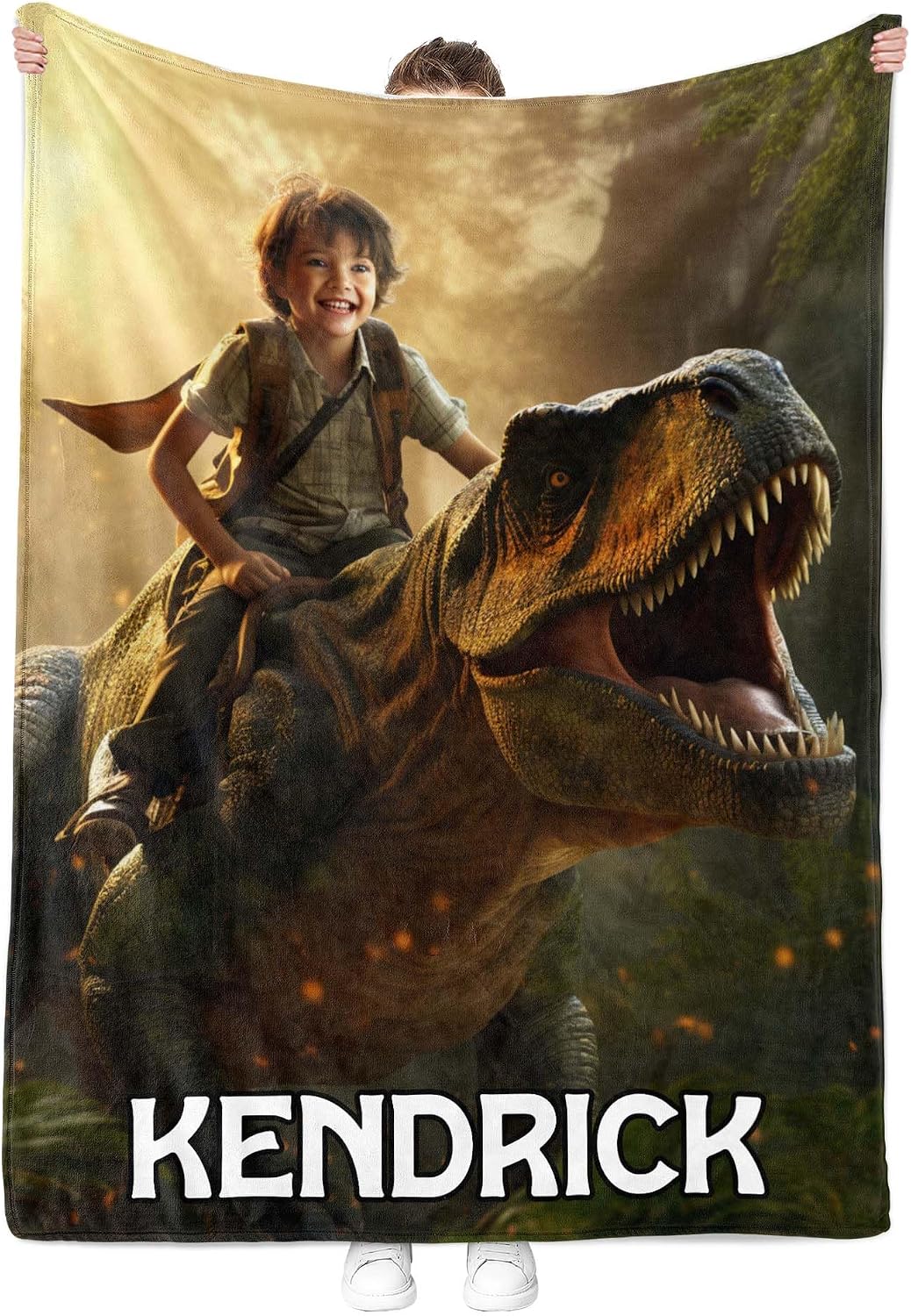 Personalized Dinosaur Blanket for Kids, Custom Photo Face Blanket Gift for Boys and Girls, Toddler Nursery Décor (Dino DK04)