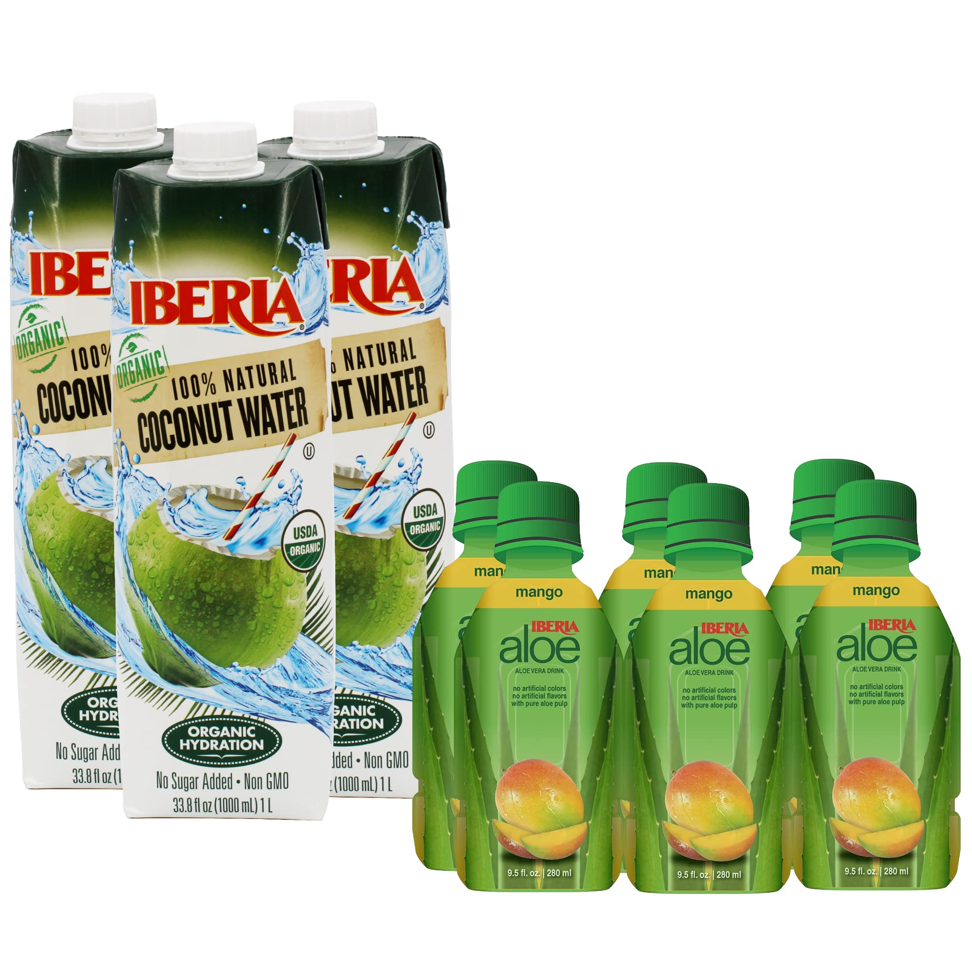 Iberia 100% Pure Organic Coconut Water, 1 Liter, 33.8 Fl Oz (Pack of 3) + Iberia Aloe Vera Juice Drink, Mango, 9.5 Fl Oz (Pack of 6)