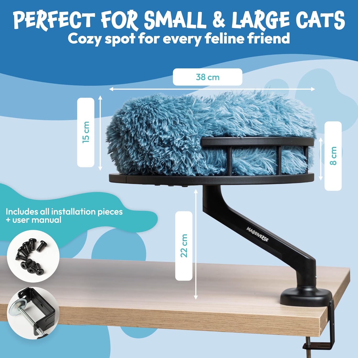 Cat Desk Bed – 360° Rotating Hammock Mount with Strong Clamp | Supports 44 lbs | Reinforced Wood Base, Plush Washable Cushion, Easy Tool-Free Install, Space-Saving Modern Furniture