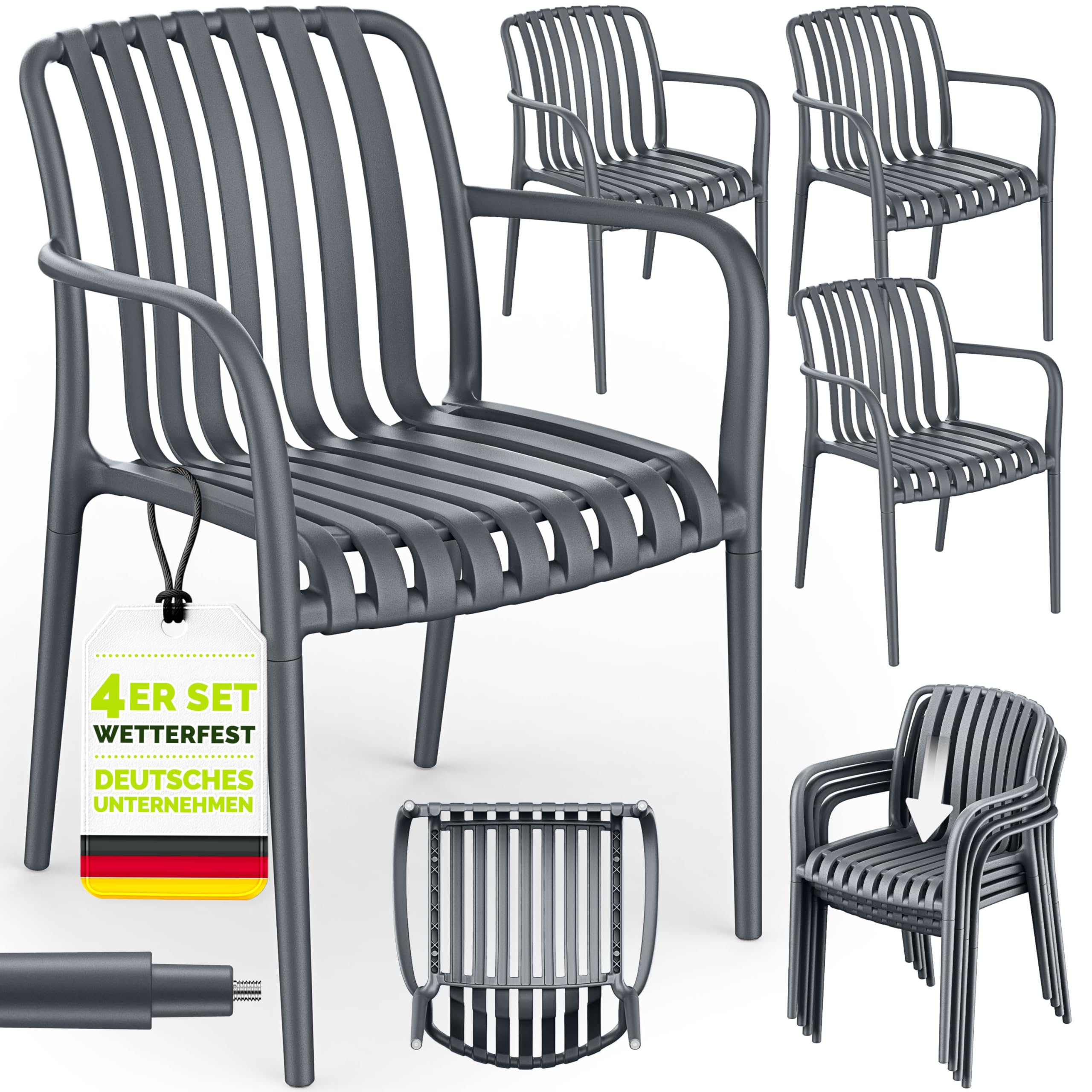 tillvex® Gartenstühle 4er Set Stapelbar Wetterfest mit Armlehne | Outdoor Stühle bis 120kg belastbar | Gartenstühle Outdoor | Terrassenstuhl Gartenmöbel Balkon Garten Terrasse