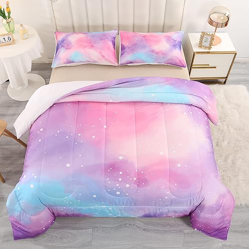 KINBEDY Juego de edredón de acuarela de mármol para niños, juego de ropa de cama colorido para adolescentes, tamaño individual, rosa, juego de 2