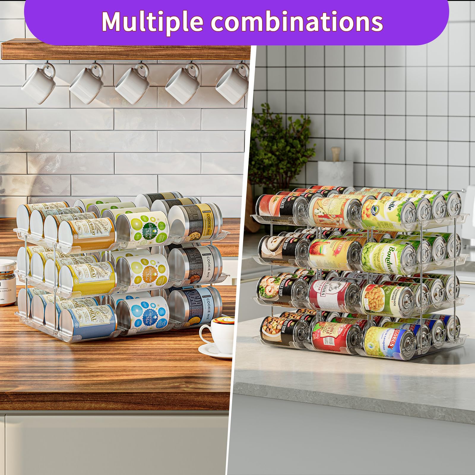 Organizador de latas para despensa y refrigerador, 3 juegos de estantes de almacenamiento de 4 niveles con capacidad para 48 latas, organizador de alimentos enlatados transparente apilable (4 niveles
