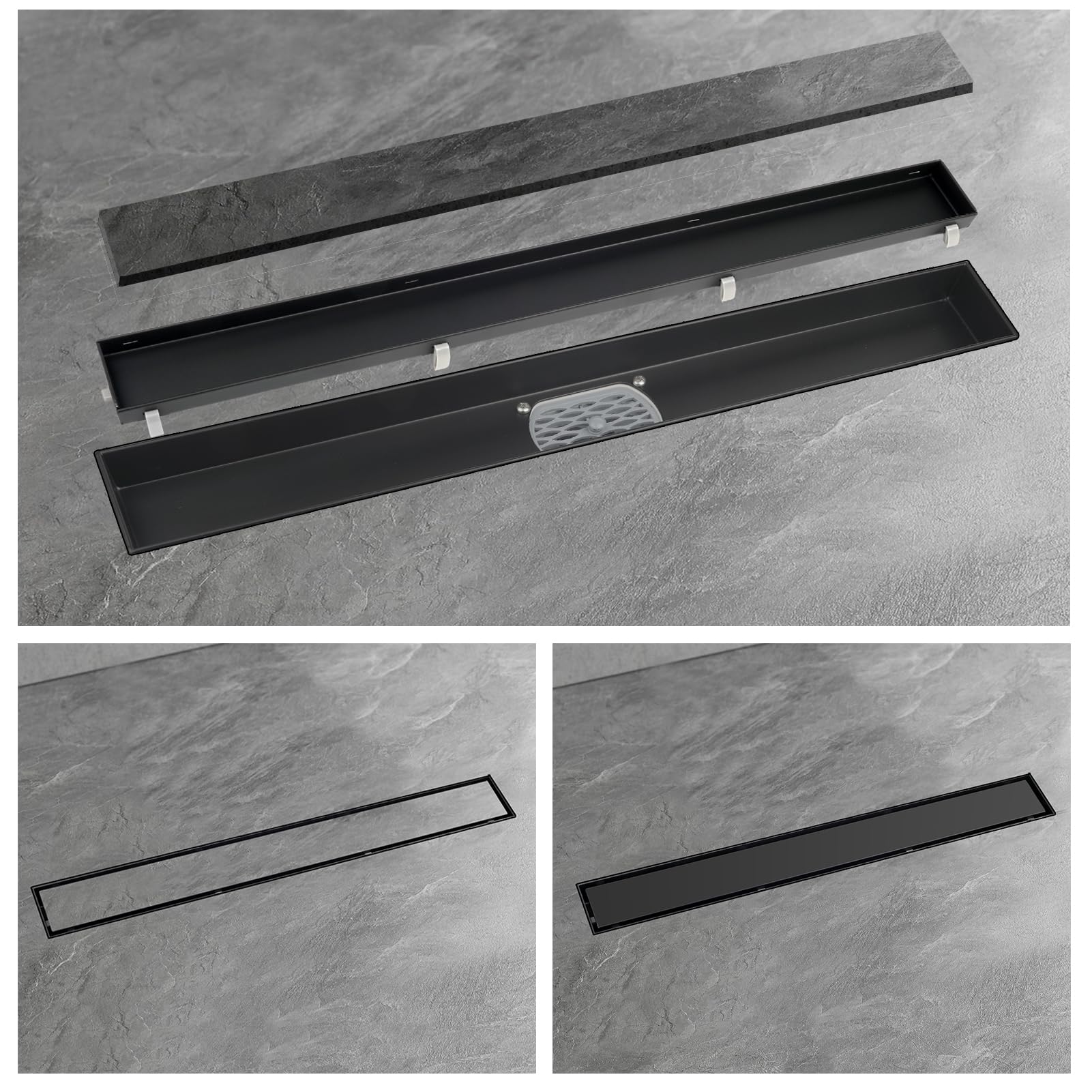 Canaletta Scarico Doccia Nero 40cm 2 in 1 in Acciaio Inox,Scarico Doccia Sifone girevole a 360° con filtro antiodore e filtro per capelli,Canalina Doccia Filo Pavimento