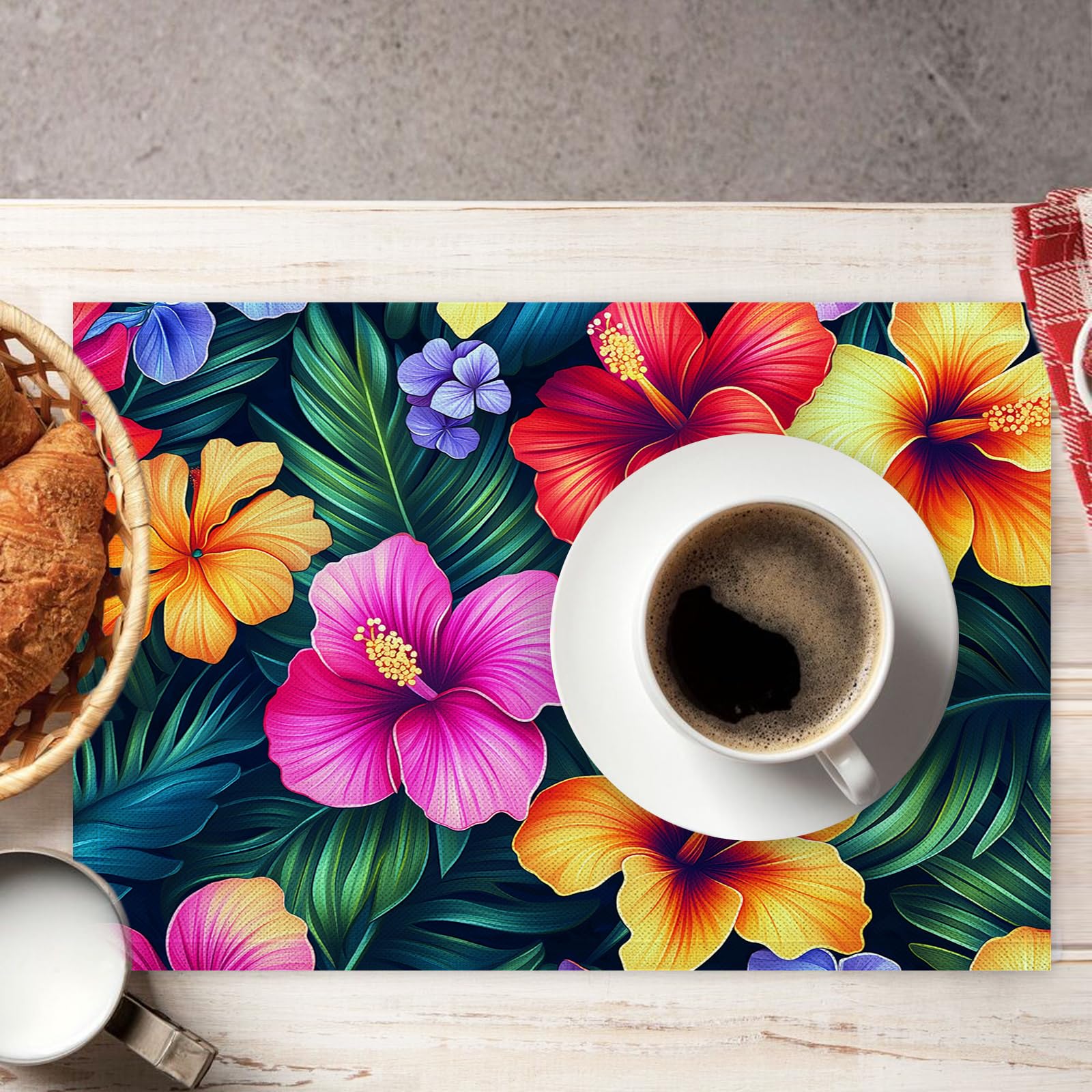Set di 8 Tovagliette Americane Lavabili Cotone Lino Ibisco - Tovaglietta Americana Resistenti al Calore Durevole Fiori tropicali - per Colazione Pranzo 30×45 cm