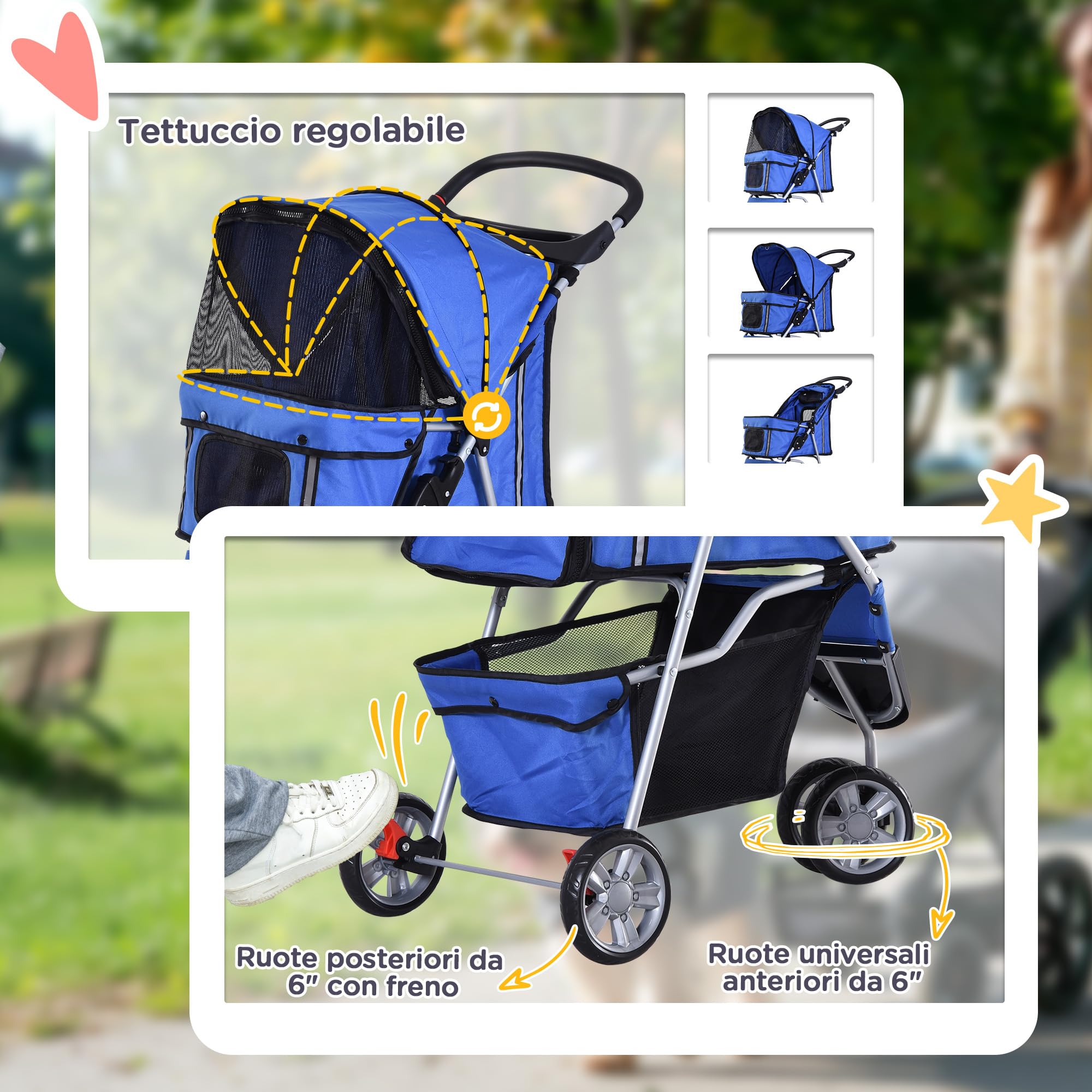 PawHut Passeggino per Cani Pieghevole Carrello per Animali Domestici Carrello Carrozzina Blu 75 x 45 x 97cm