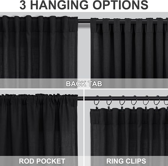 DANCURTON Black 100% Blackout Linen Curtains and Black Linen Sheer Curtains 108 Inch Length