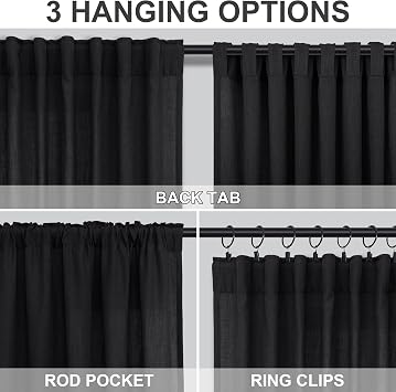 DANCURTON Black 100% Blackout Linen Curtains and Black Linen Sheer Curtains 108 Inch Length