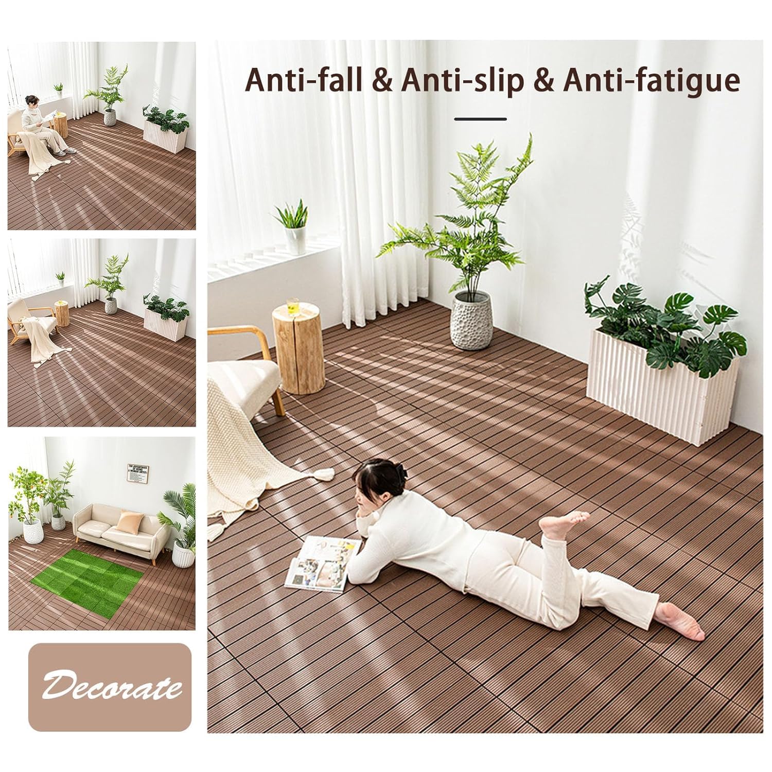 Dalles et lames de terrasse en composite, Tuiles de terrasse emboîtables en bois multicolores, paquet de 9(Striped Chocolate)