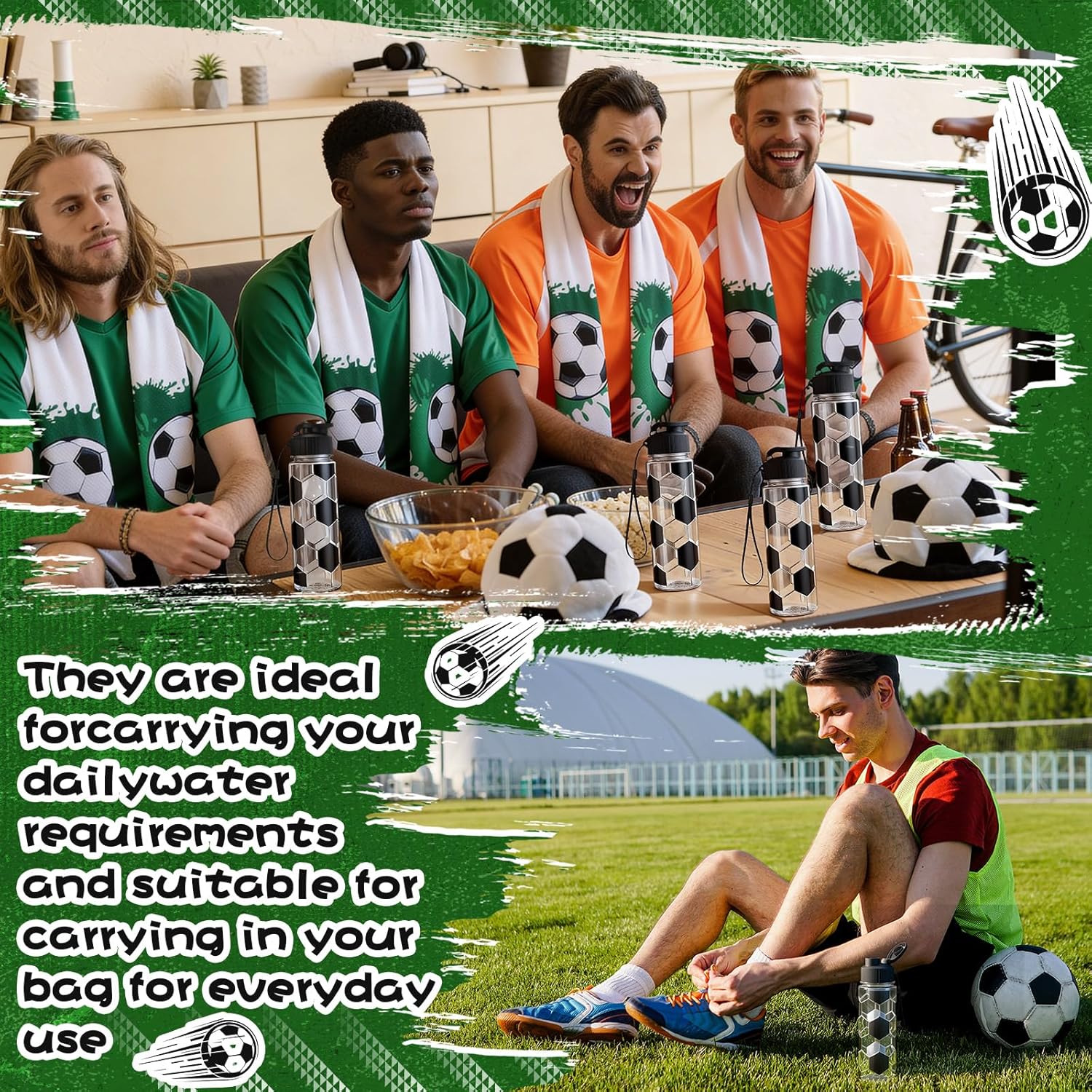 Reallnaive 24 Pcs Sports Water Bottle Cooling Towel Set Include 12 Reusable Sports Squeeze Water Bottle 12 Ice Towel Breathable 40"x12" Cooling Towels for Soccer Team Gift (Soccer)