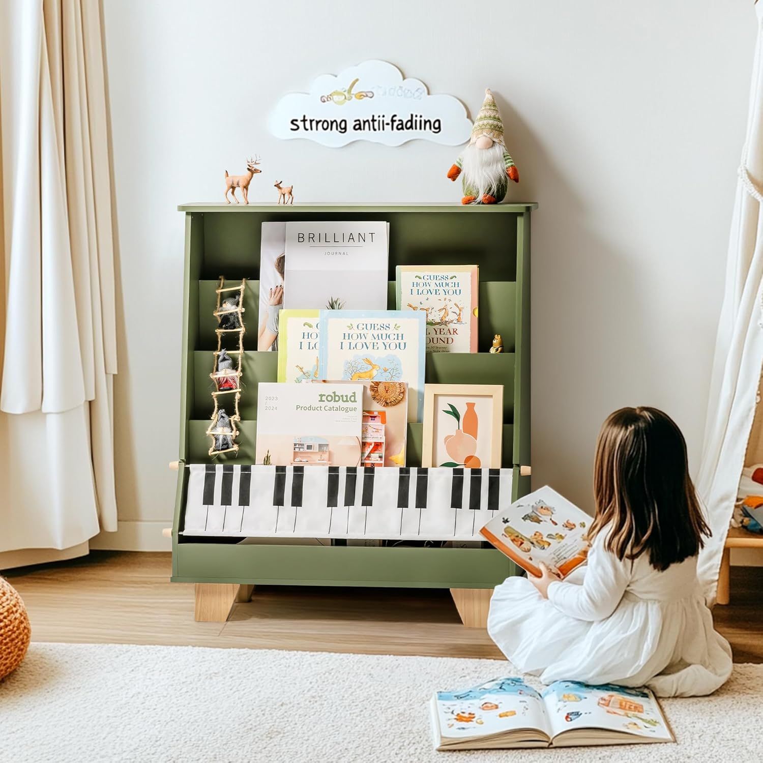 ROBOTIME 4-Tier Kids Bookshelf - Toddler Bookshelf for Classrooms, Playrooms, and Nursery - Wooden Kids Bookcase Front and Back Storage, Children Book Rack for Boys, Girls (Green)