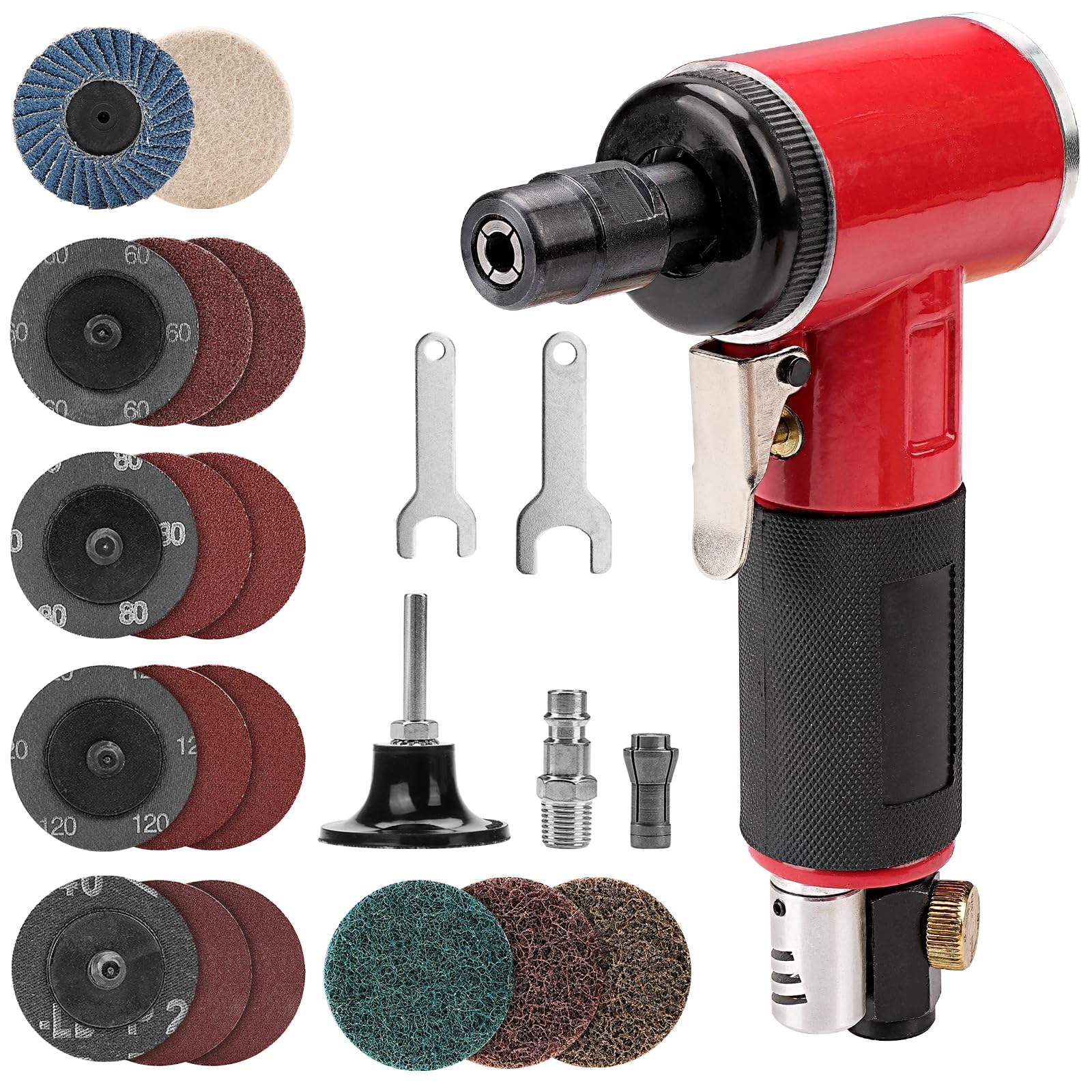 Amoladora de ángulo neumática, kit de amoladora de aire comprimido incluye mini amoladora angular neumática con 17 unidades de 2 pulgadas diferentes discos abrasivos, 2 portabrocas de 3 mm