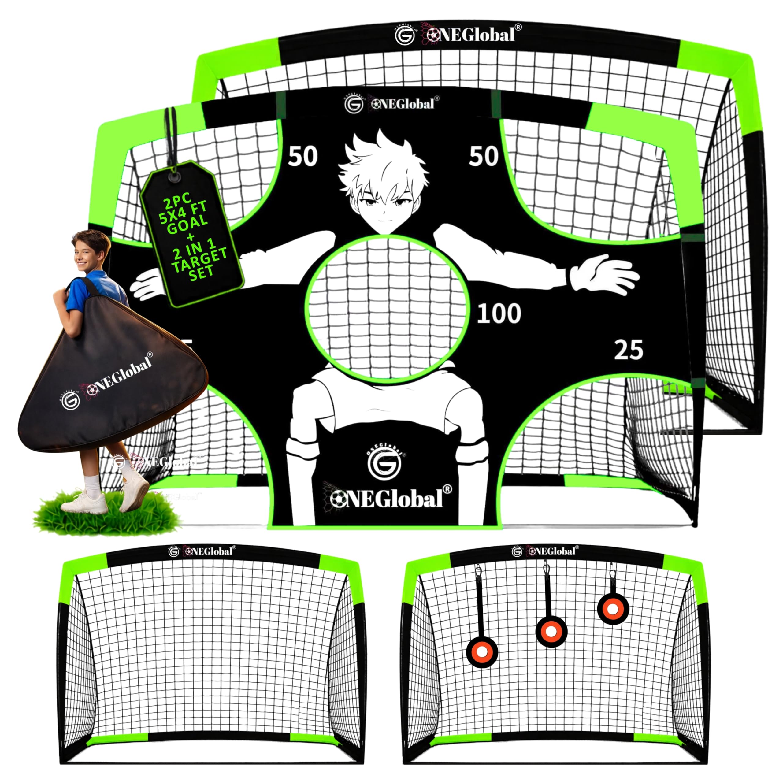 2Pack 5x4ft Popup Football Goals with Carry Case & 2in1 Targets | Portable Goal with Net for Garden | Durable Football Training Equipment & Football Gifts | Single or Pair with Optional Targets
