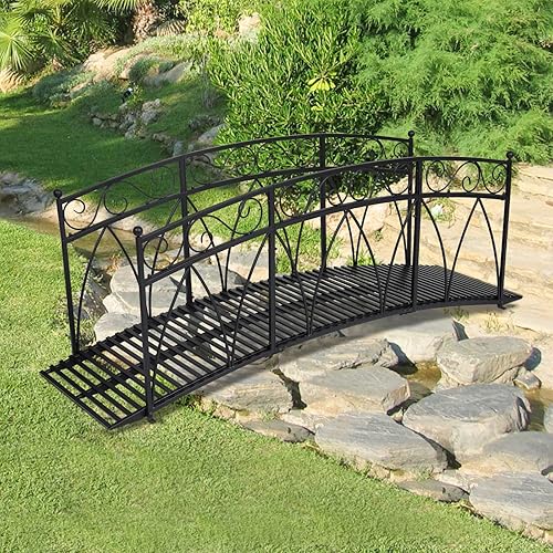 Puente de jardín de metal de 8 pies con carriles laterales con patrones de seguridad, puente de arco de hierro decorativo para exteriores, puente