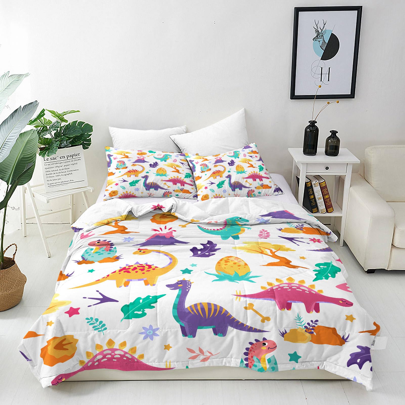 ANHOPE Dinosaur Duvet Cover Set Soft Lightweight 3 Piece Bedding Set with 2 Pillowcases Cute Cartoon Animal Dino Print Pattern Kids Boys Girls Quilt Cover with Zipper Closure King โ image 1