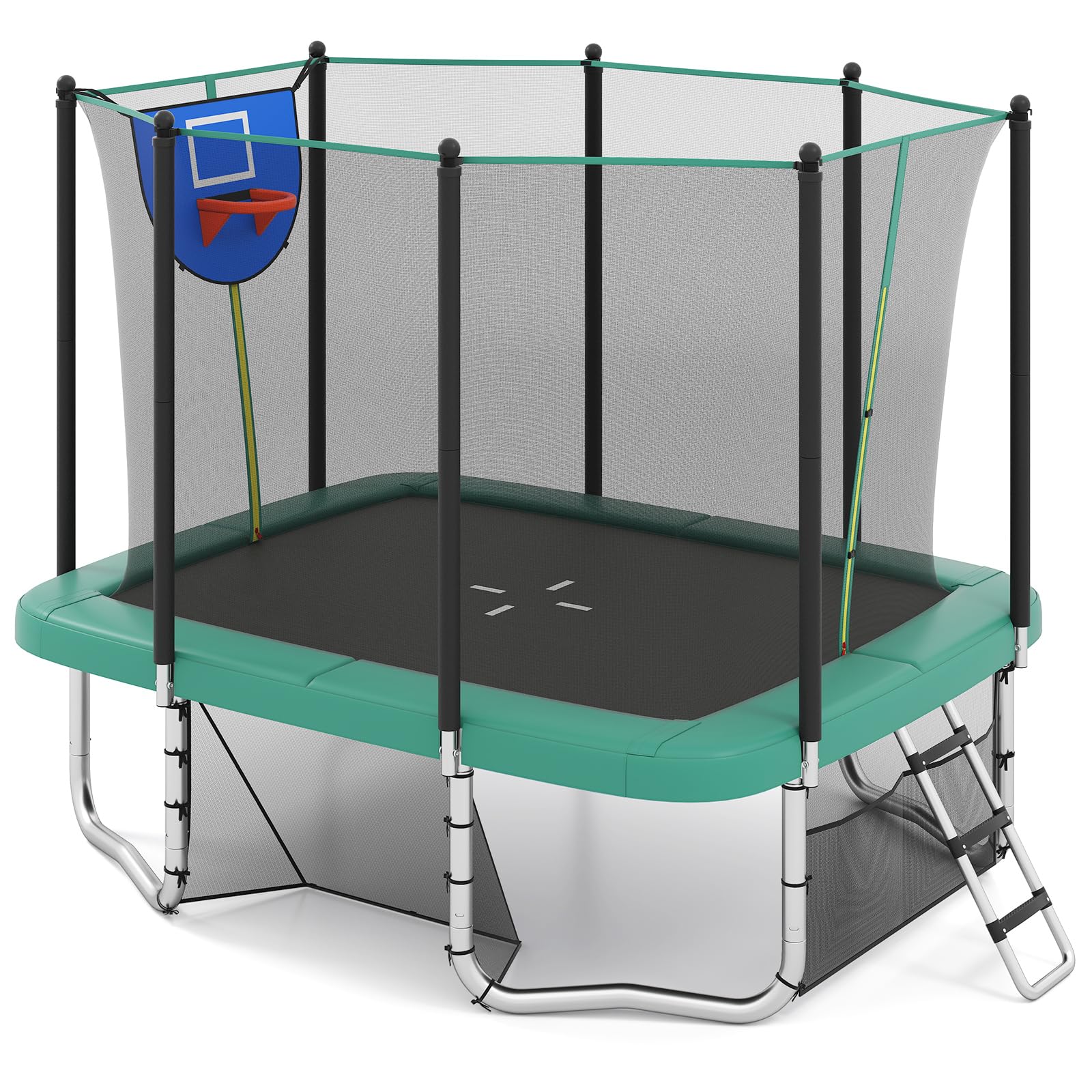 COSTWAY Trampoline Exterieur Enfant Adulte 317x255 cm, Panier de Basketball, But de Football, Échelle, Trampoline Rectangulaire, 68 Ressorts, 2 Portes Zippées, Boucles de Sécurité, pour 3 Ans+