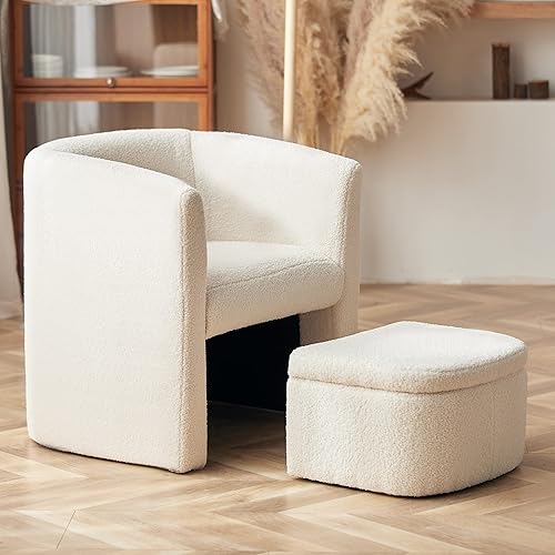 Miniatura 8 de COLAMY Silla decorativa tapizada de barril de sherpa con otomana de almacenamiento, silla auxiliar Morden para sala de estar, sillón individual con