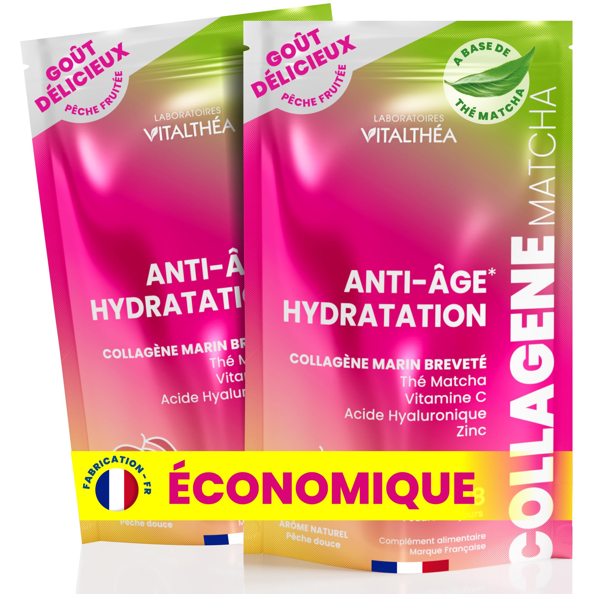 COLLAGENE MARIN POUDRE + THÉ MATCHA + ACIDE HYALURONIQUE + ZINC + VITAMINE C : Formule Exclusive Premium | Anti-âge Peau & Articulations Sport |RÉSULTATS PROUVÉS* |Goût Pêche Douce |Fabrication France