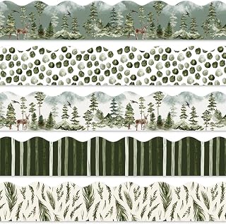 Whaline 69Ft Bulletin Board Border Decorations Watercolor Winter Pine Trees Scalloped Borders Green Xmas Tree Self-Adhesive Border Trim for Christmas Classroom Office Decor, 60Pcs
