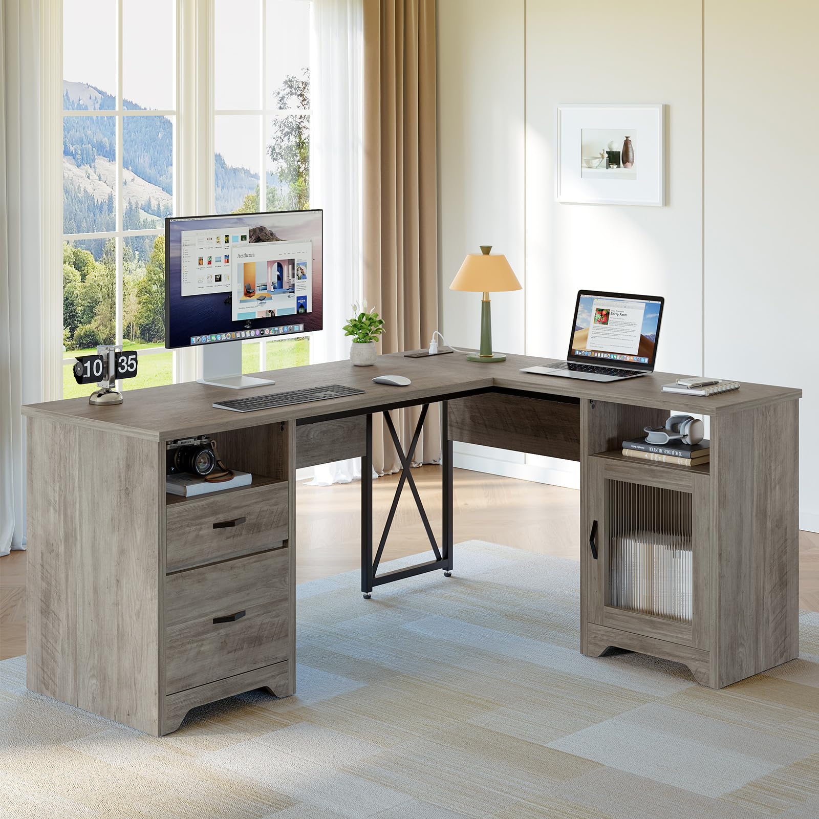 Bestier Farmhouse L Shaped Desk with Drawers, 63" x 47" Office Computer Desk with Charging Station & Fluted Storage Cabinet, Corner Desk with File Dra