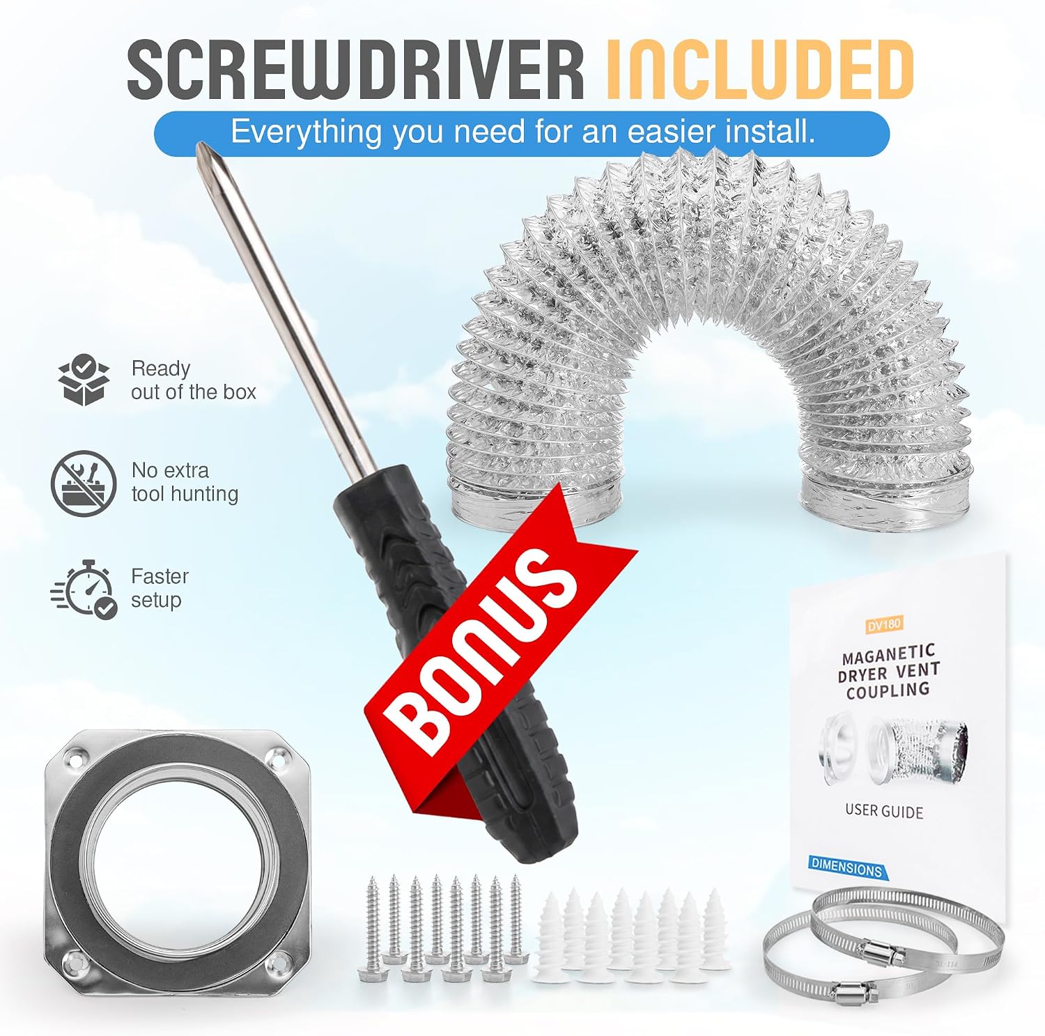 Magnetic Dryer Vent Connector Kit - 4 Inch Magnetic Vent & Flexible Dryer Vent Hose - Airtight Seal Quick Connect Venting for Dryers with Screwdriver included