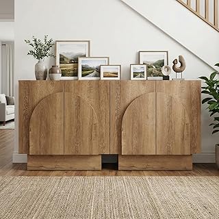 Natural Sideboard Buffet Cabinets with Storage, Modern Buffet Coffee Bar Table Stand Cabinets with Arched Doors, Farmhouse Wooden TV Media Console Table Credenza for Living Room/Entryway, 2PCS