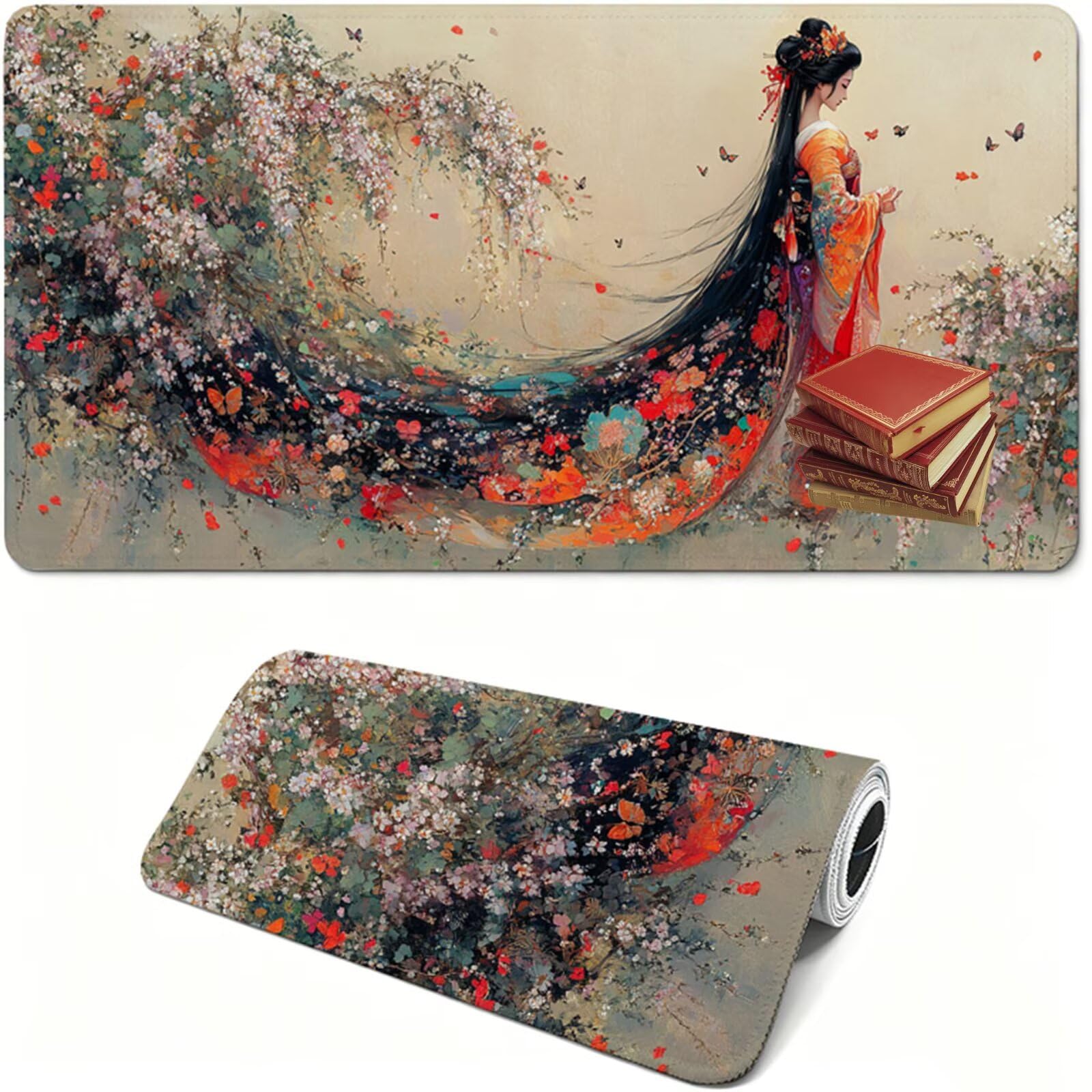 Tapis de Souris Gaming XXL, 800x400x3mm Tapis de Souris rouge, Grand Tapis de Bureau Sous Main avec Surface Spéciale Améliore la Vitesse et la Précision, Imperméable Mouse Pad femmes japonaises XF-373