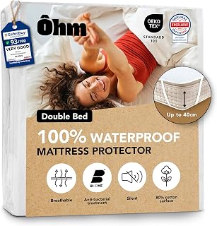 Waterproof Mattress Protector | Double Bed 135x190 cm | Hypoallergenic & Absorbent Cotton | 4 Corner Straps | Noise-free | Anti-Dust Mite | Fits up to 40 cm Deep | OEKO-TEX Certified | Ôhm