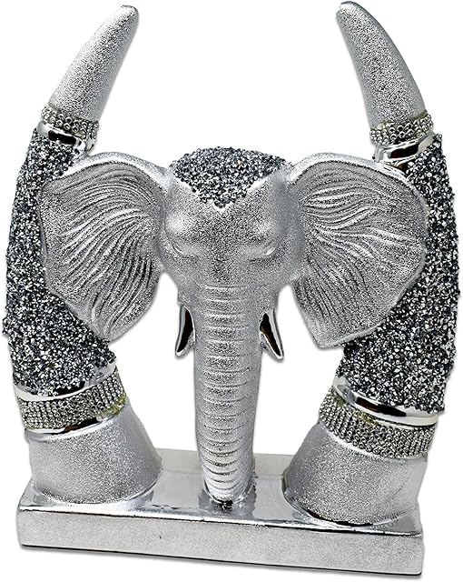Silver Elephant Head Sparkle Ornament Bling Crushed Diamond Gift | Elephant Head with Tusks|Handmade Craft | Crushed Diamond Display |Gift Present for all occasion Home Decoration