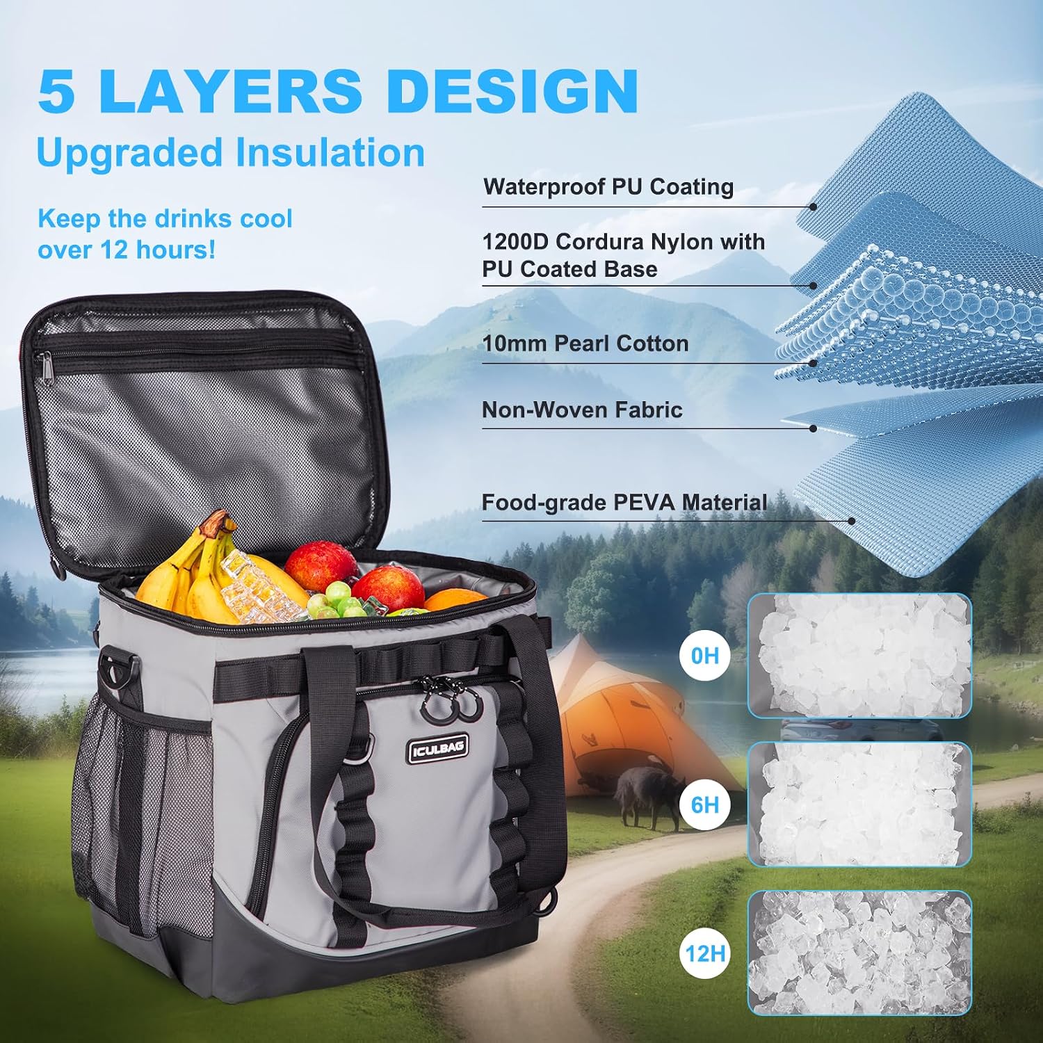 Soft Travel Coolers Bags Insulated Cooling 16hour for Camping Hiking Beach Travel Soft Sided Insulated Cooler Bag 20/48Cans for Women Men