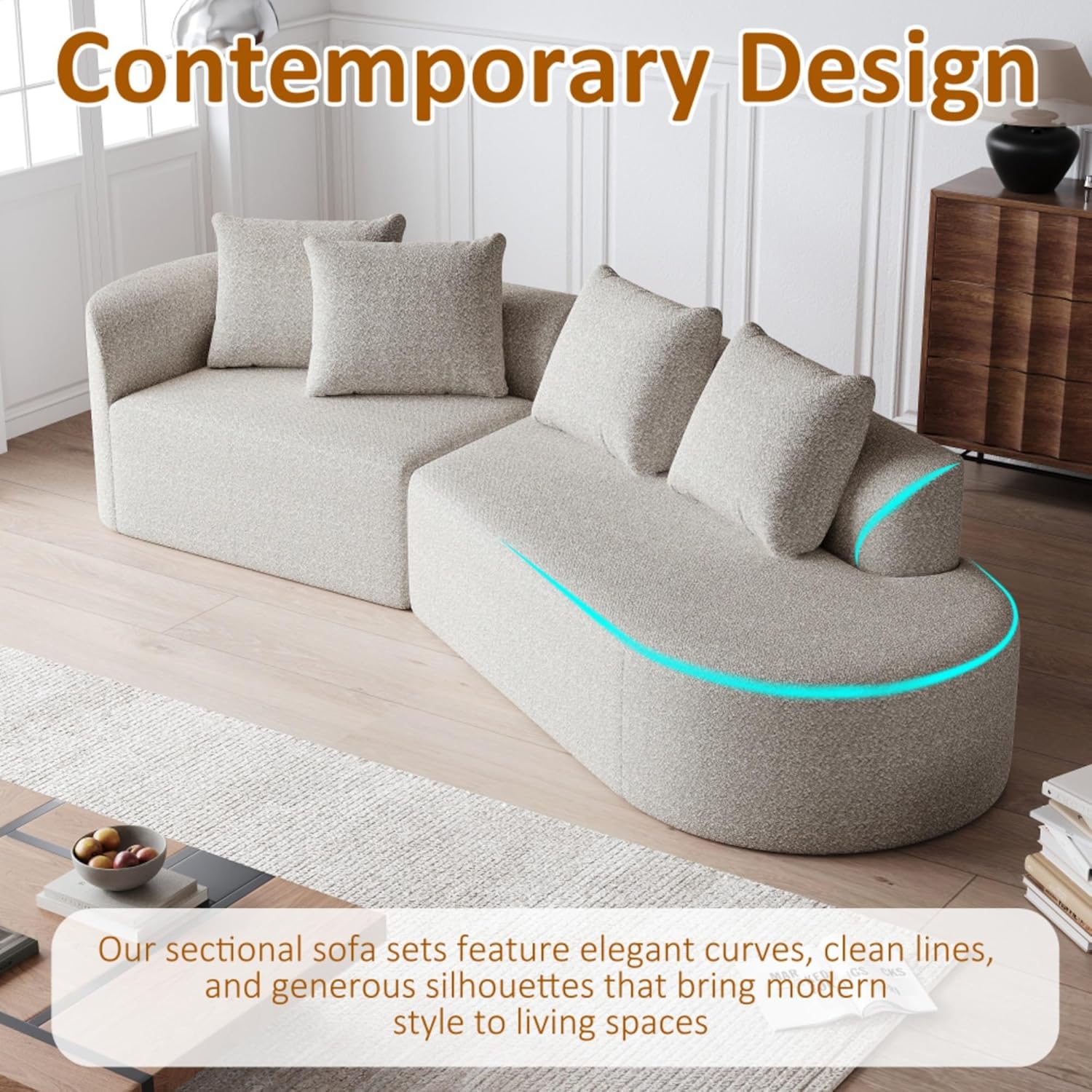 Modern Chenille Oversized Sectional Sofa 4-Seater Curved Cloud Couch with 4 Throw Pillows Free Combination Design for Living Room Bedroom Office (Khaki,Right)