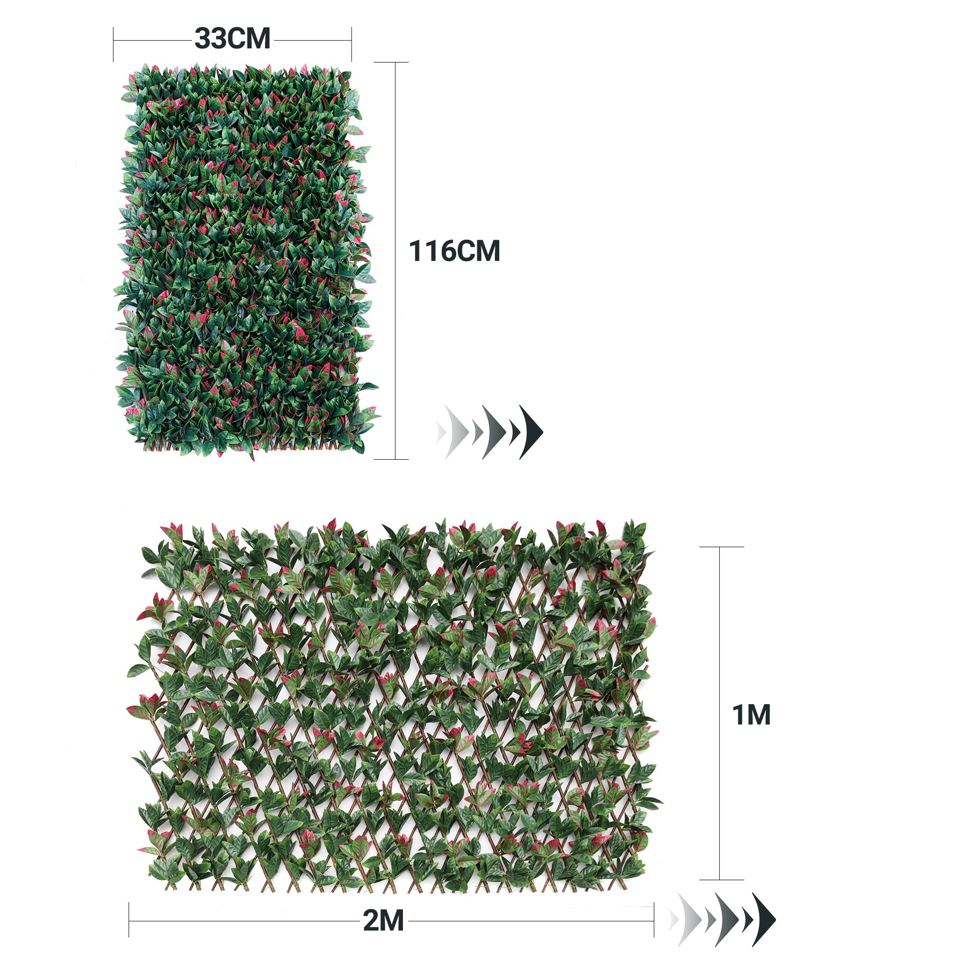 Sztuczny żywopłot, ochrona przed spojrzeniami, bluszcz, ochrona przed wzrokiem, sztuczne rośliny, na balkon, do ogrodu, 100 x 200 cm, wysuwany rozmiar – liście A