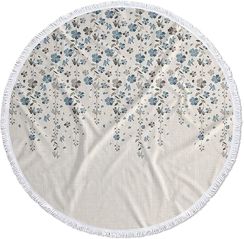 Toalla de playa redonda con diseño botánico pastoral, vintage, color gris y azul, manta de playa de microfibra, toallas suaves que absorben el agua,