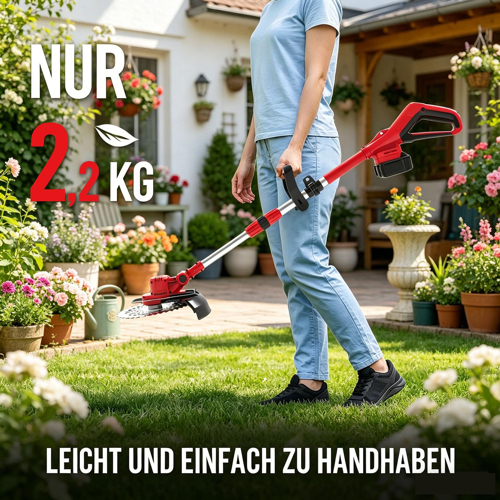 Rasentrimmer mit Akku,Akku Rasentrimmer für Makita-Akkus,21V Freischneider mit 2 Stück 4,0Ah Akkus & Ladegerät,4-In-1 Rasentrimmer mit UnkrautbüRste,für Rasen, Rasenkanten & Unkraut,Rot