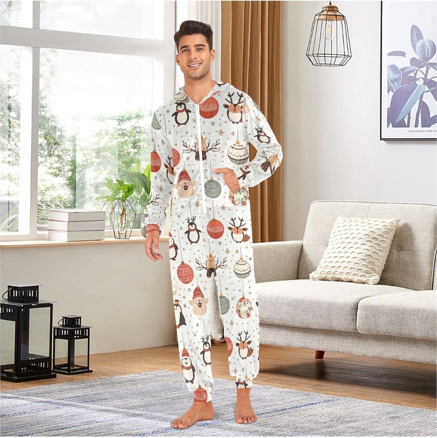 ZZKKO Christmas Animals Ball Adult Onesie Pajamas for Women Men Cozy One Piece Pajamas Costume Zip-Up Hooded S-XL