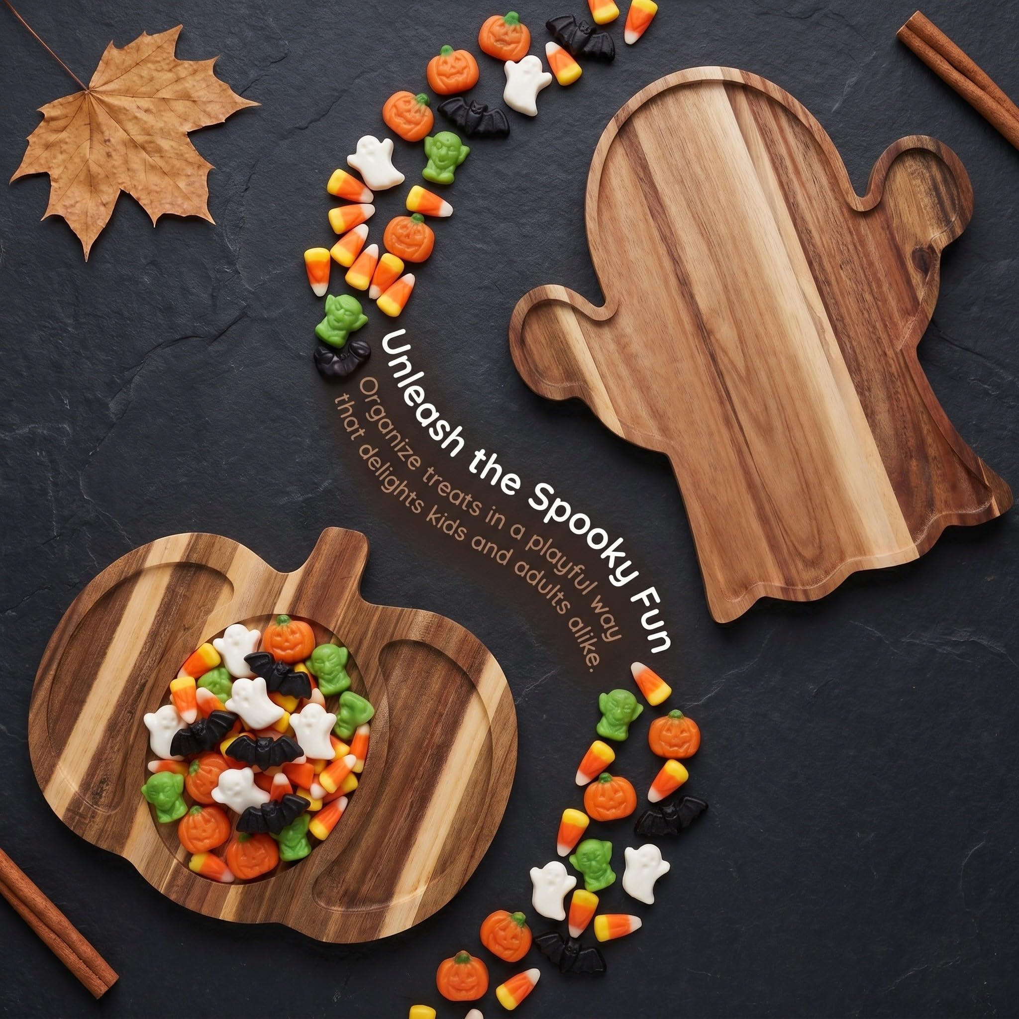 OUNONA 2 bandejas de Servir con Forma de Fantasma de Halloween - Plato de Servir con Forma de Calabaza - Tabla de Madera para Embutidos - Plato de Queso para Dulces, golosinas, Bebidas y decoración