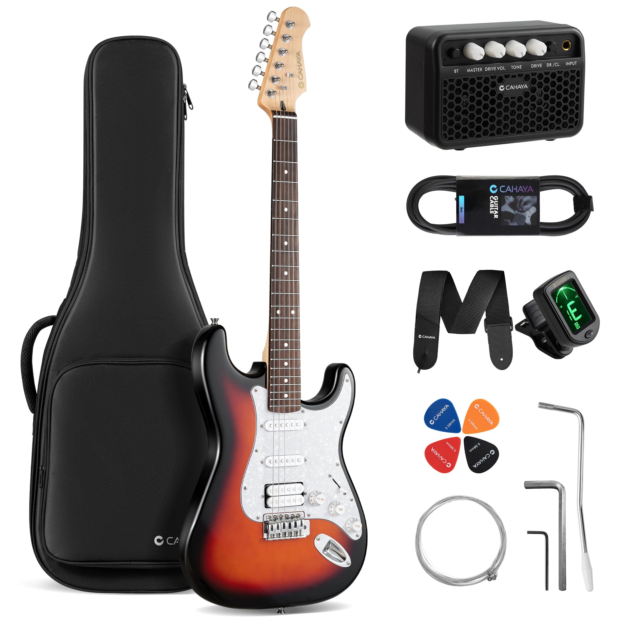 CAHAYA Set di Chitarra Elettrica e Amplificatore: chitarra Stratocaster da 39 pollici con 3 pickup (S-S-H), include custodia, accordatore, Whammy Bar e 4 plettri