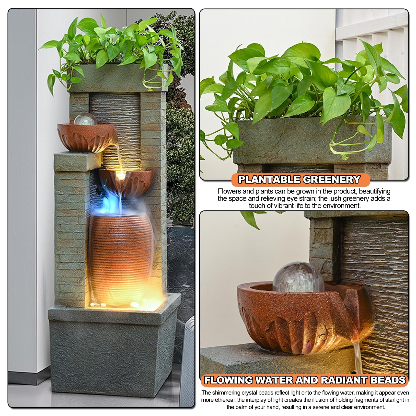 Fontana da Giardino Cascata d'Acqua 4 Livelli con Pompa dell'Acqua e Uscita dell'Acqua per la Decorazione del Patio 28 * 39 * 67 cm