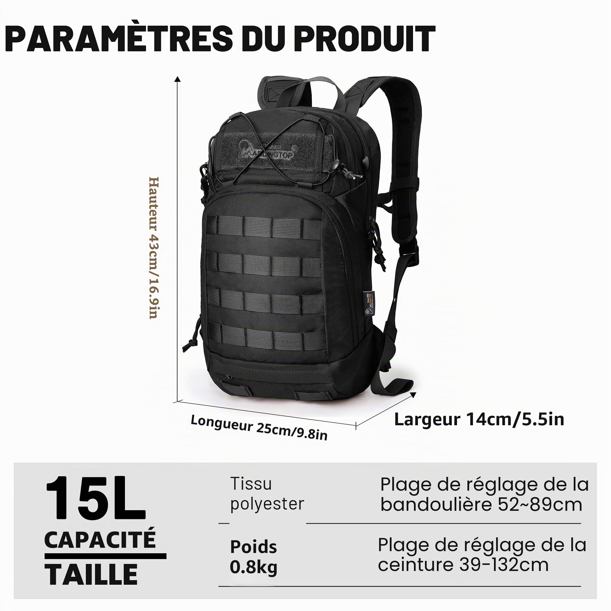 Mardingtop Sac à dos de vélo de 15 l pour homme et femme - Panneau arrière en maille respirante avec système MOLLE pratique et support de casque pour les randonnées à vélo, la randonnée, la course à